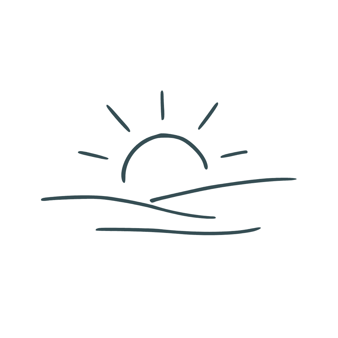 A simple line drawing of a sun rising or setting over two curved lines representing hills or waves on a plain background.