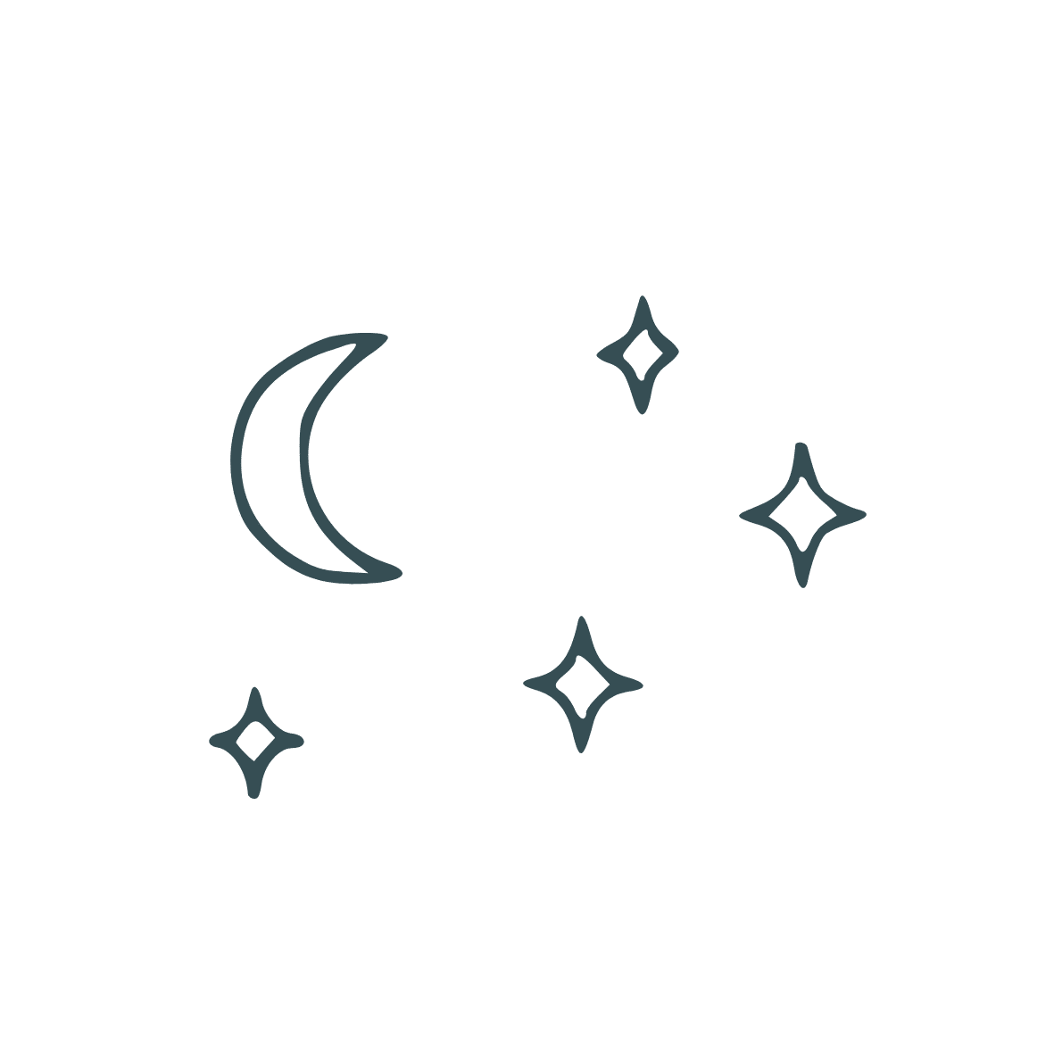 A simple line drawing of a crescent moon and four stars on a plain white background.